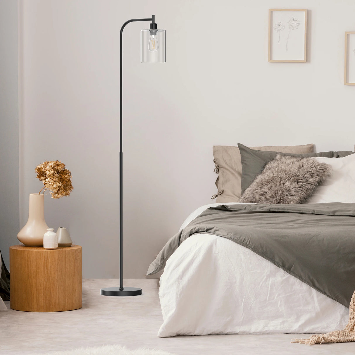 Modern Standing Tall Industrial Arched/Arc Floor Lamp with Glass Shade and 2 Bulbs Included