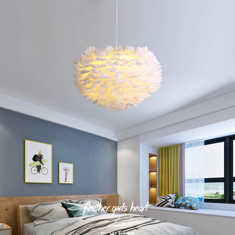 Nordic White Feather Lamp, Nordic Bedroom Lamp, Cozy Romantic Bedside Decor Pendant Light Cover