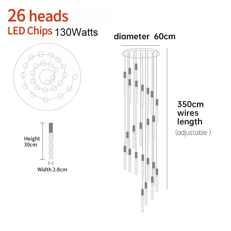 Luxury K9 Crystal LED Pendant Light - Customizable Duplex Staircase Hanging Chandelier Lamp for Living Room, Bedroom, Hotel & Shop