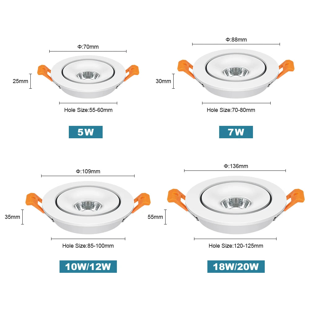 New 360 Degrees Angle Adjustable 5W 7W 10W 12W 18W Ceiling Spot Lights Recessed Downlights For Home TV Background