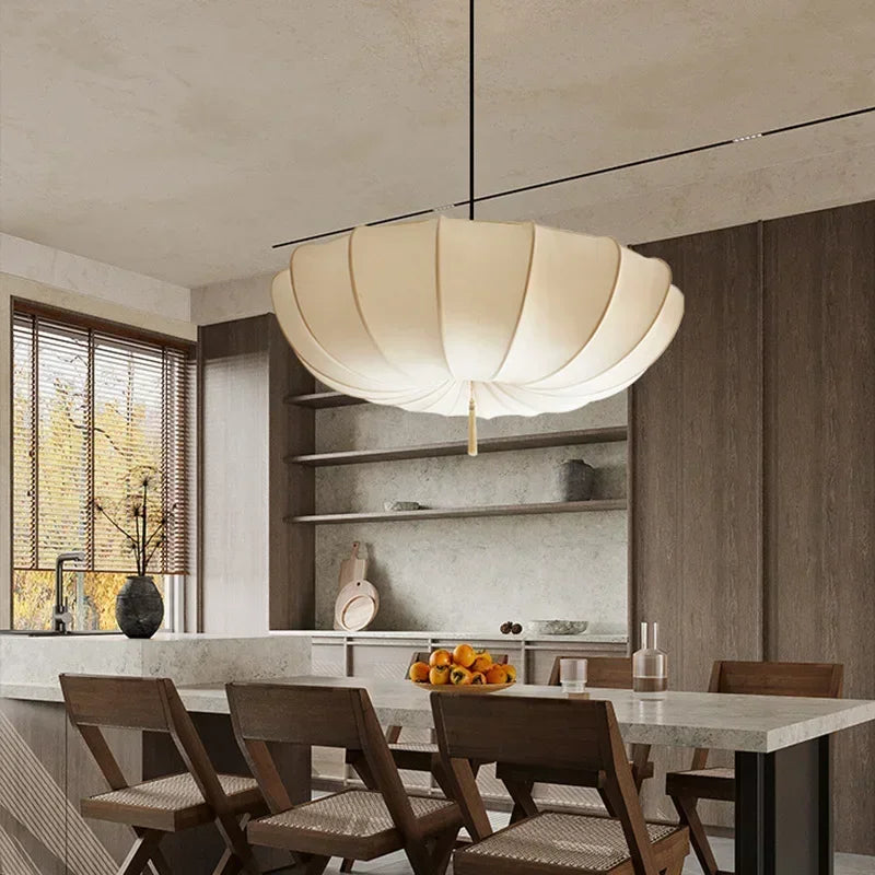 Nordic Japanese Wabi-Sabi Paper Umbrella Fabric Chandelier - French Retro Ceiling Pendant Light Fixture for Bedroom, Living Room & Home Decor