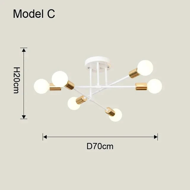 Modern Sputnik Chandelier Nordic Semi Flush Mount Ceiling Lamp Brushed Antique Gold Home Decor Lighting Fixture
