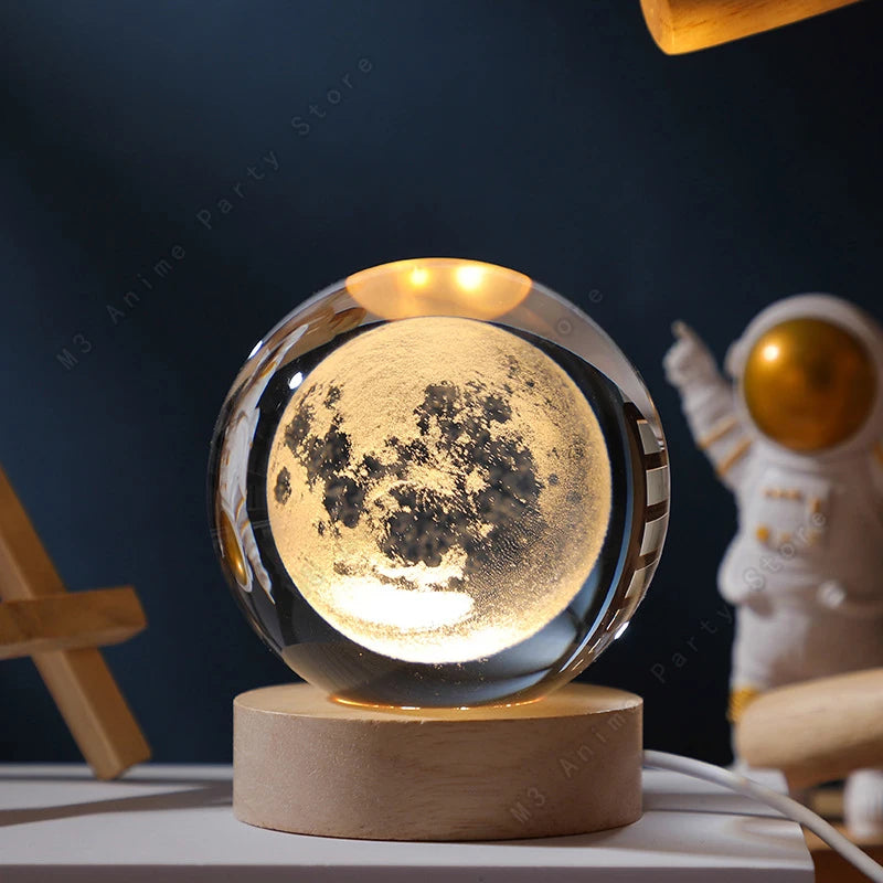 3D Crystal Ball LED Night Light (5cm) - Glowing Galaxy, Planets & Moon Bedside Lamp