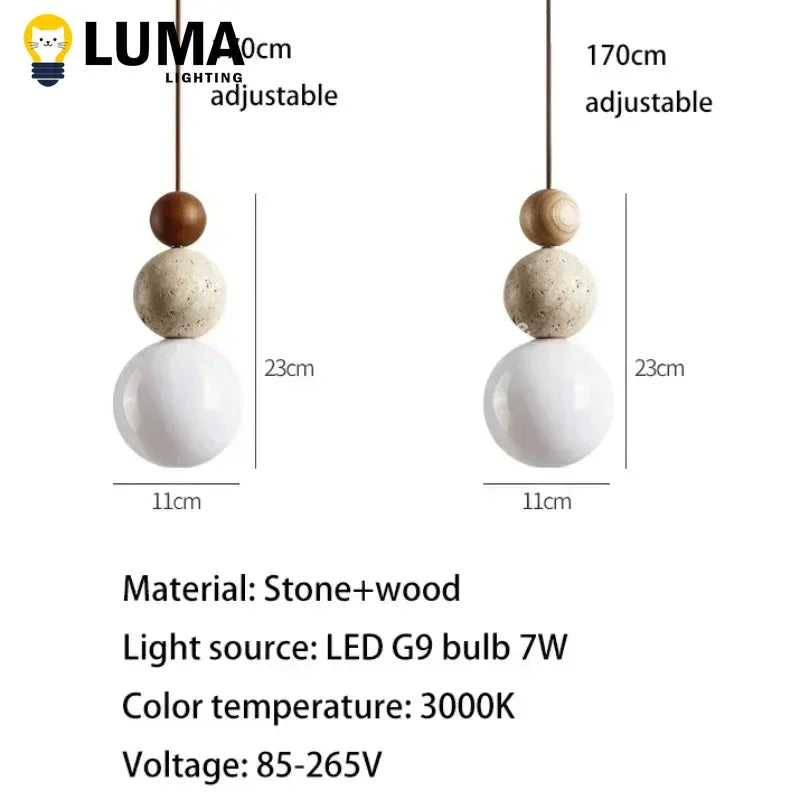 Yellow Travertine Pendant Light - Modern Cream Style Stone & Wood Hanging Lamp