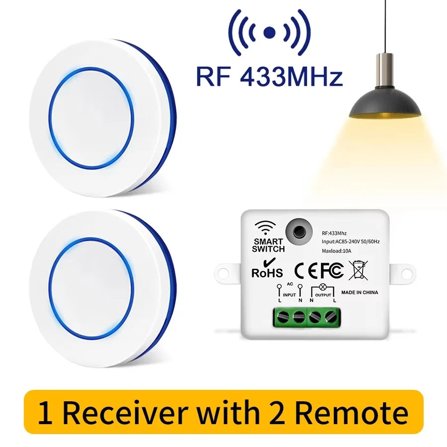 Wireless RF 433MHz Light Switch Kit - 10A Relay Receiver & Mini Wall Button
