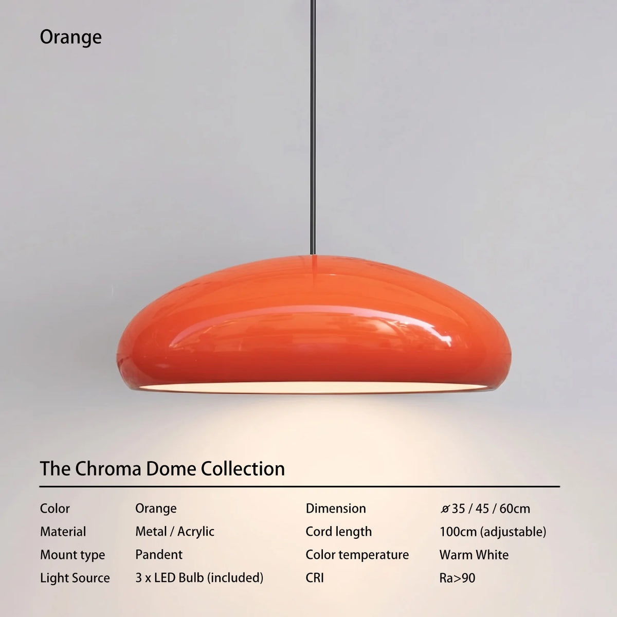 Contemporary Glossy Dome Shade Chroma Dome Black White Orange Red Vibrant Distinct Retro Minimalist Dining Room Pendant Light