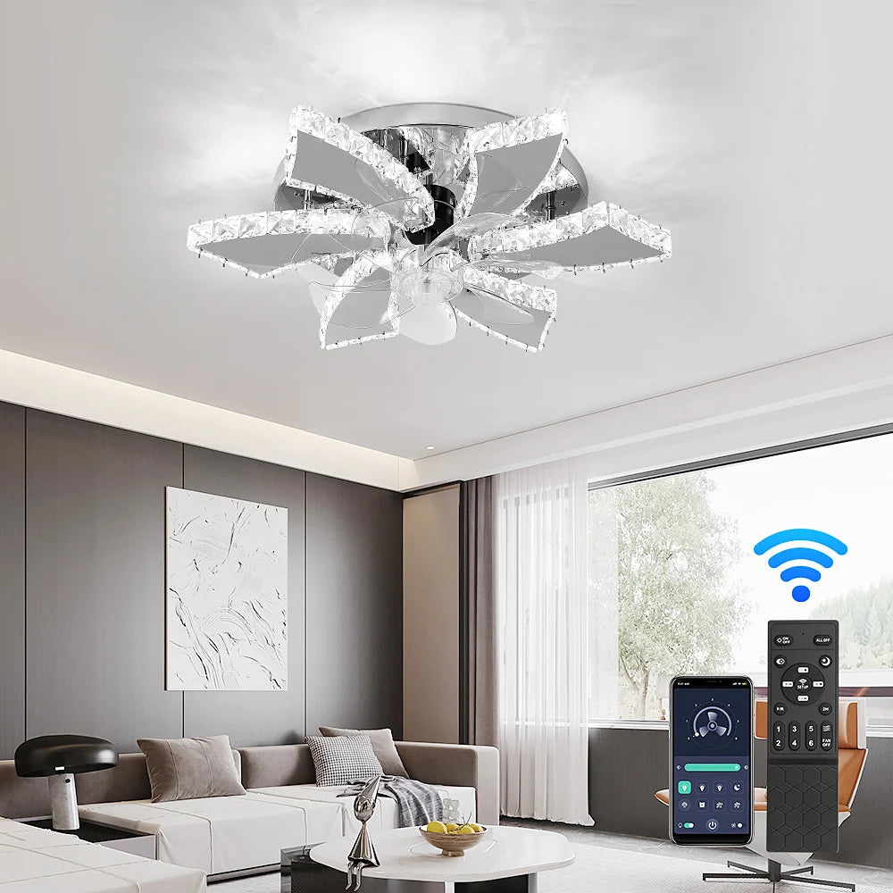 Modern Ceiling Fan Light Led Fan Lamp Smart APP RC Luxury Crystal Chandelier Home Decor Appliance Fixture Living Dining