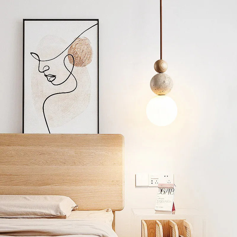 Luma Cream Style Yellow Travertine Pendant Lights, Nature Stone Wood Hanging Lamps for Bedroom Bedside Restaurant Kitchen Island