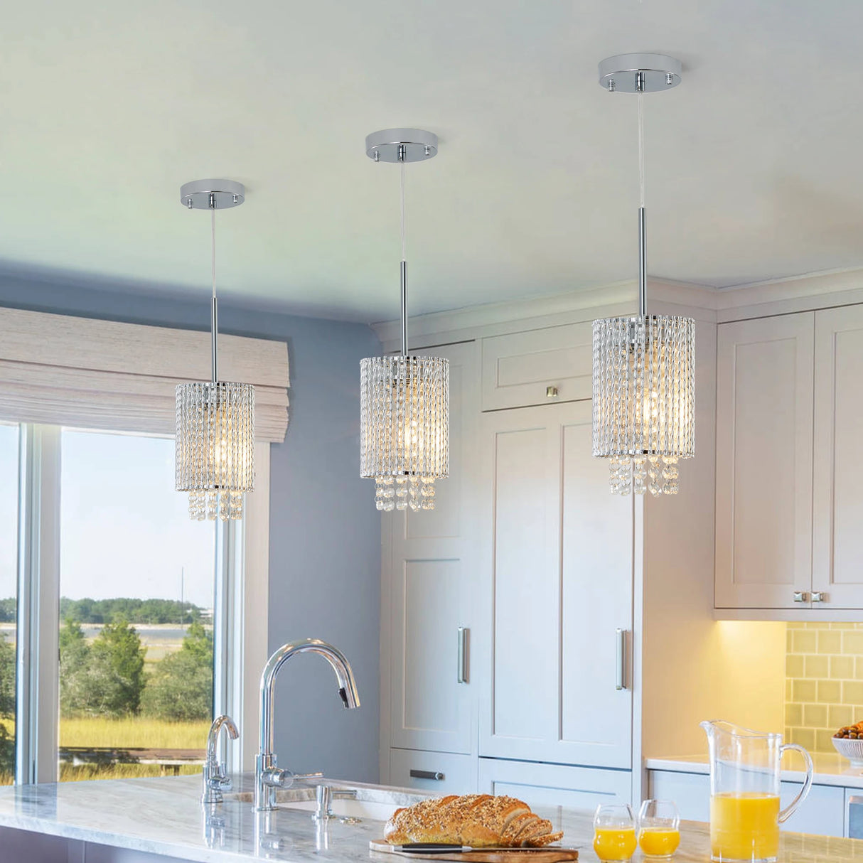 Luxury Modern Crystal Pendant Light 3-Pack Adjustable Chrome Hanging Ceiling Fixture with Clear Beads, Elegant Design