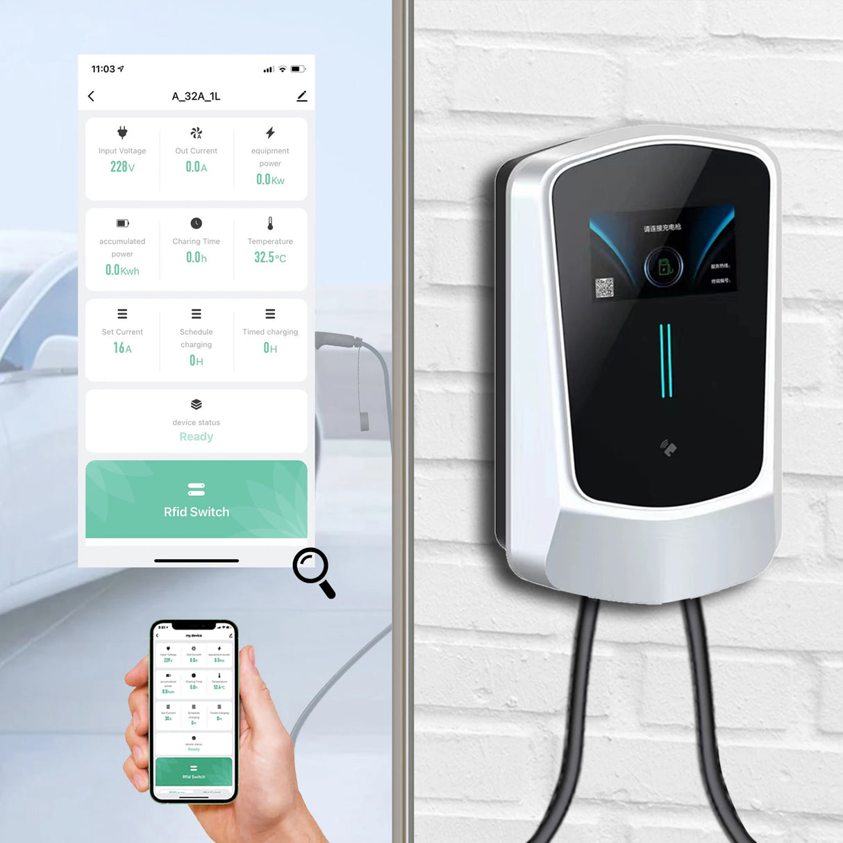 EV Charger Type 2 IEC62196-2 APP Wifi Control 21KW 3 Phase Electric Vehicle Car Charging Station EVSE Wall Box with Cable