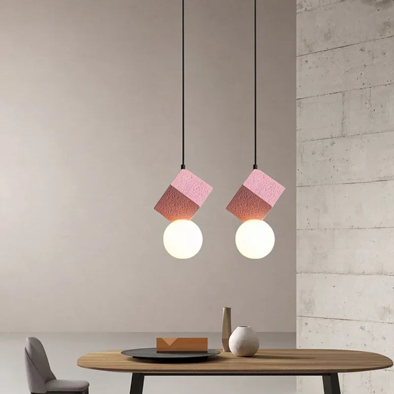 Modern Minimalist Resin Honeycomb Stone Design LED Warm White Light Single Bedside Dining Pendant Lamp Glass Ball Pink Fixture
