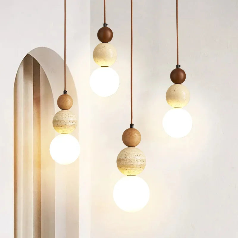 Cream Style Bauhaus Pendant Lamp - Designer Stone & Wood Bedside Light