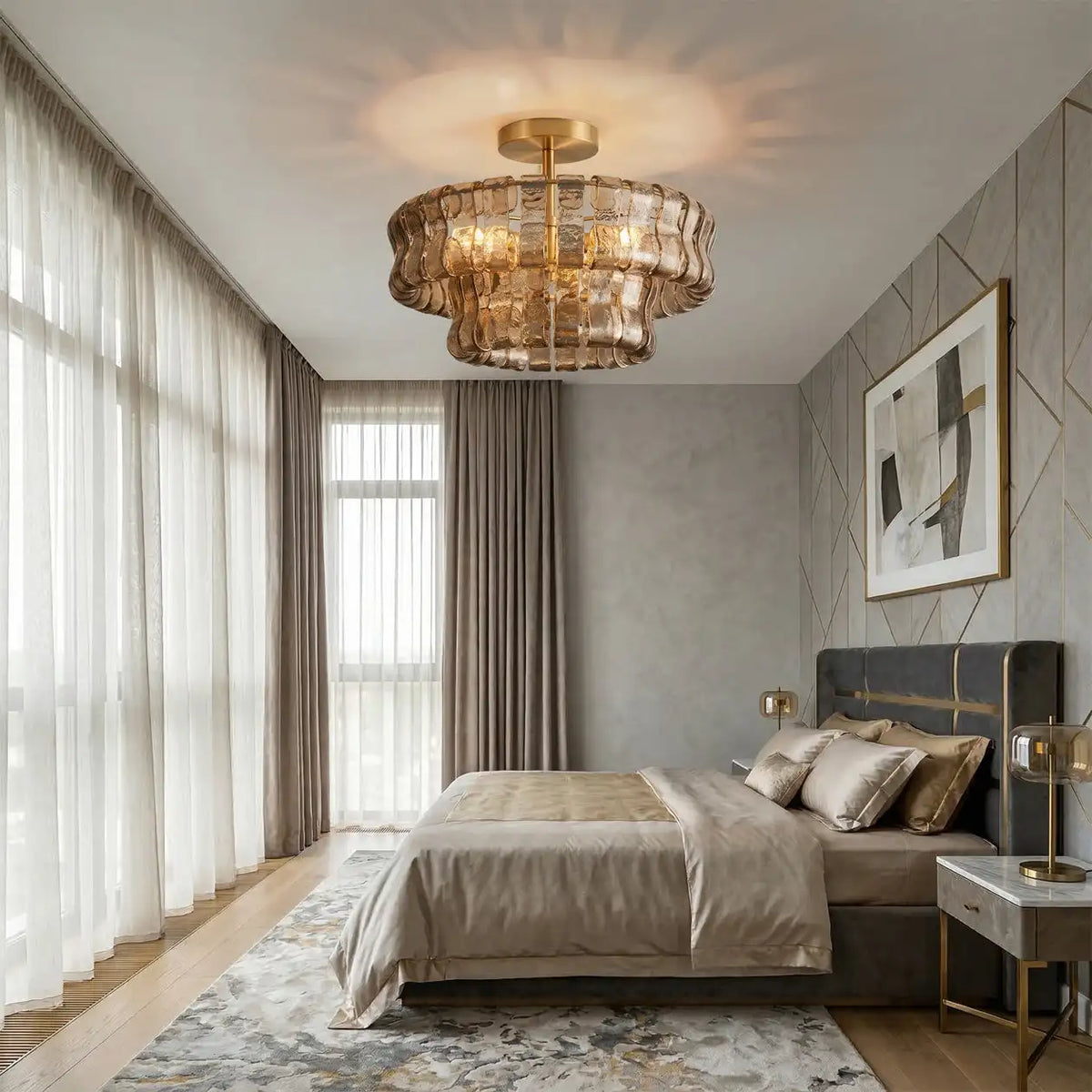 Italian Murano Glass Ceiling Chandelier Light - Handcrafted Luxury Flush Mount Pendant Fixture for Living Room, Bedroom & Restaurant Decor