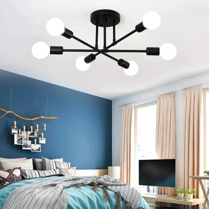 Modern Sputnik Chandelier Nordic Semi Flush Mount Ceiling Lamp Brushed Antique Gold Home Decor Lighting Fixture