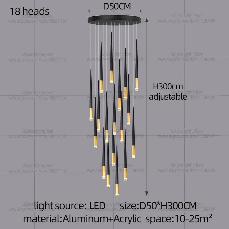 New Luxury Chandelier Nordic Conical Light Modern Living Room Duplex Attic Long Pendant Light Villa Staircase LED Pendant Light