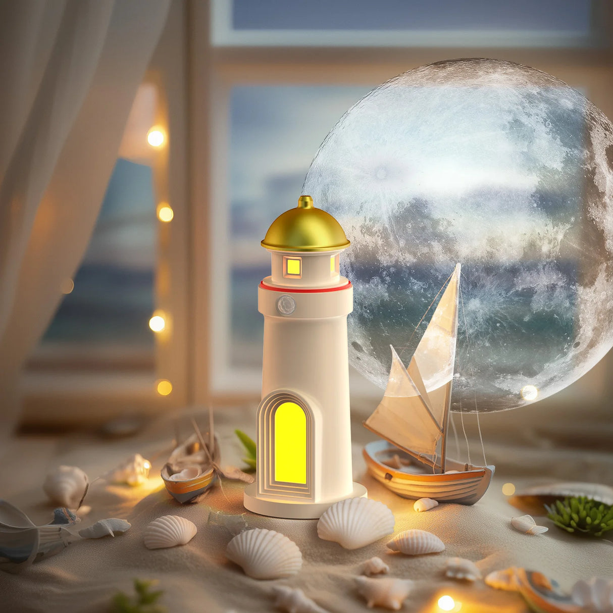 Motion Sensor Lighthouse Moon Projector Night Light, Wireless Portable Rechargable LED Aesthetic Table Lamps for Bedroom Decor