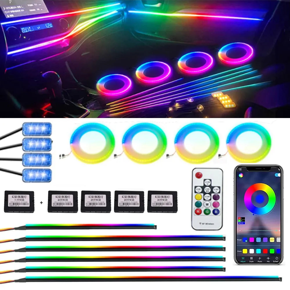 18 / 22 In 1 Streamer Car Ambient Lights RGB 213 64 Color LED Interior Rainbow Acrylic Strip Symphony Remote Atmosphere Lamp Kit