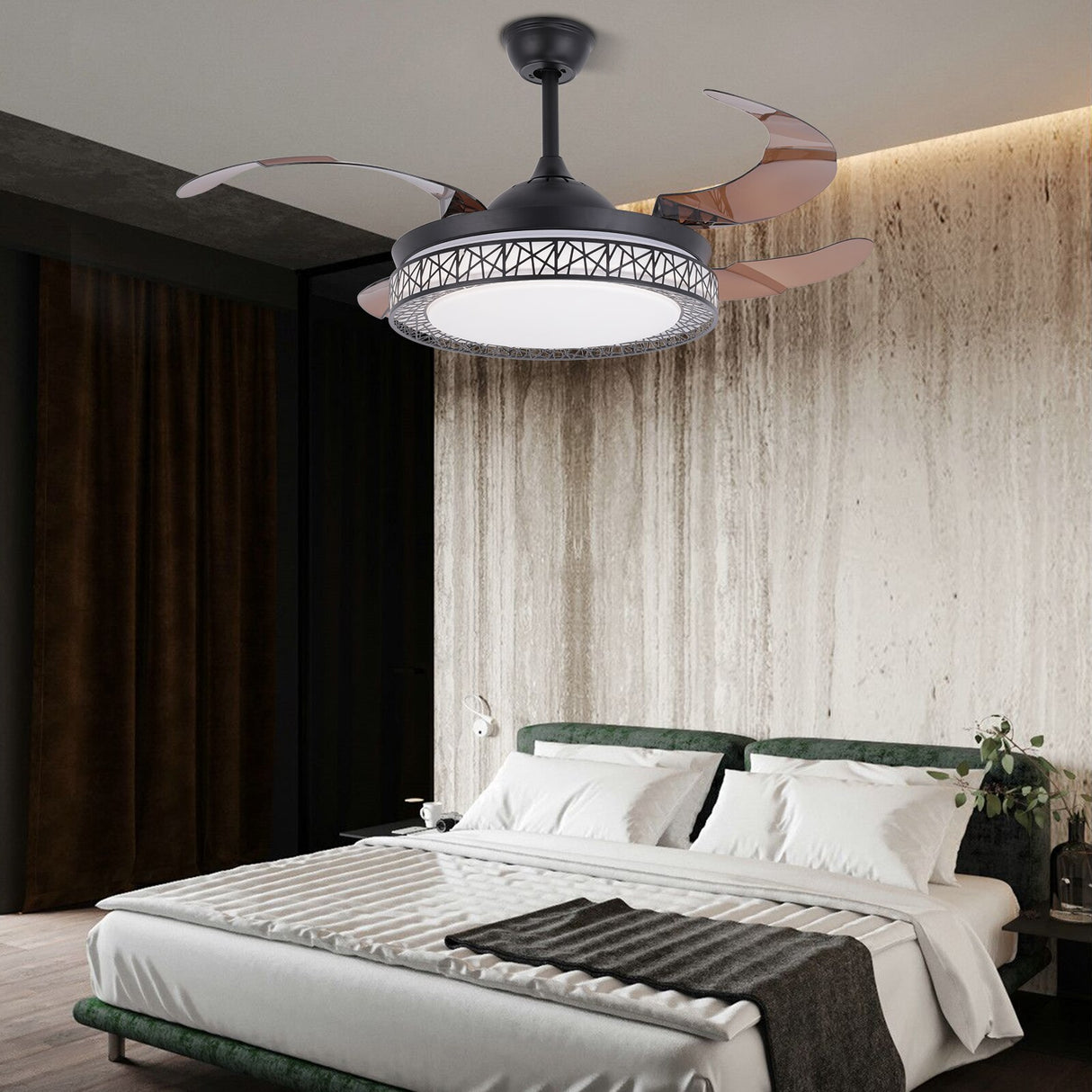 Modern Home Decor Retractable Ceiling Fans with LED Light Chandelier Ceiling Fan 3 Colors 3 Speeds 4 Invisible Blades