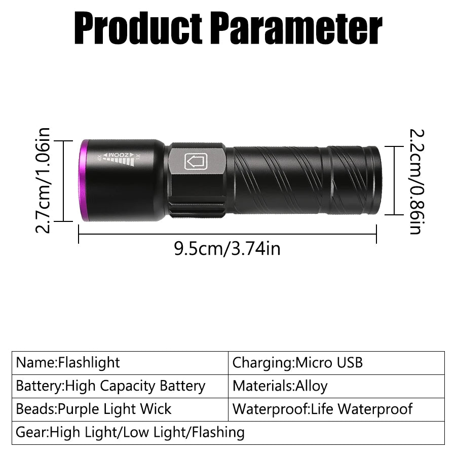 395NM UV Flashlight Rechargeable Ultraviolet Torch Pet Urine Scorpion Detector UV Lamp Anti-counterfeiting Bill Seal Detector