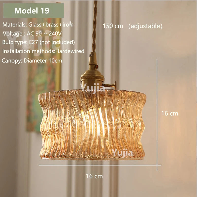 Vintage Amber Glass Pendant Light - Retro Brass Adjustable Hanging Hanging Lamp