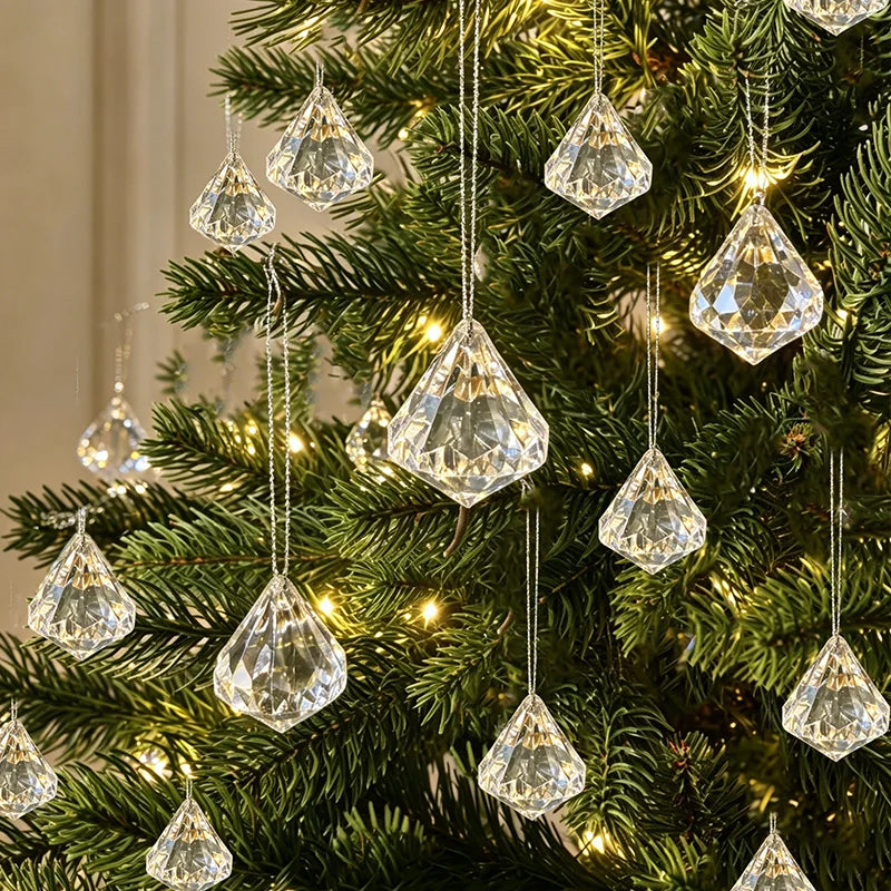 Clear Faceted Diamond Crystal Christmas Ornaments Acrylic Gem Hanging Pendants for Xmas Tree Home Holiday Decoration