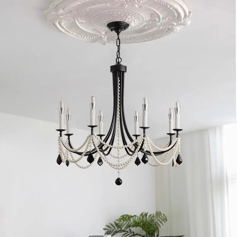 American Retro Candle Chandelier Living Room Black Metal E14 Led Pendant Lights Home Decor Pearl Led Lamparas Hanging Lamp