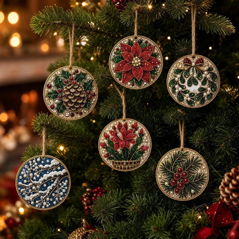 6Pcs Wooden Christmas Decoration DIY Pearl Art Kits for Adults, Xmas Tree Crafts Hanging Ornament Kit with Beads, Gems & Twine
