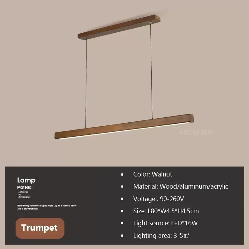 LED Pendant Light Dining Table Lamp Wood Long Strip Suspension Chandelier for Living Dining Room Lighting Fixture