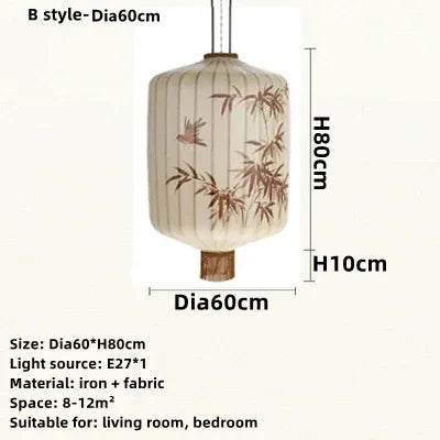 Chinese Style Japanese Fabric Lantern Pendent Lamp Hotel Restaurant Tatami Hand-painted Bamboo Leaf Pattern Room Decor Lights