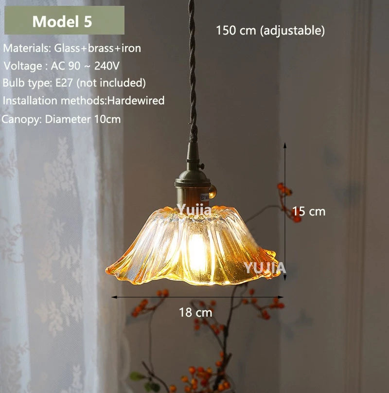 Vintage Amber Glass Pendant Light - Retro Brass Adjustable Hanging Hanging Lamp