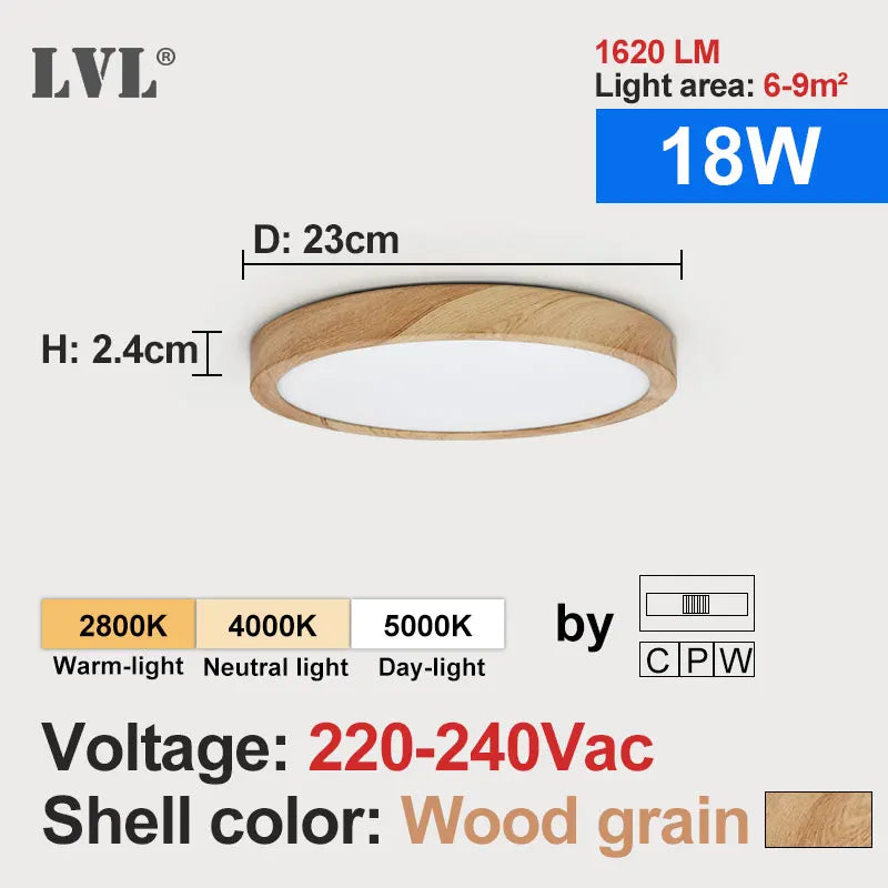 Modern LED Ceiling Light - Wood Grain & Gold 3-Color Home Lighting