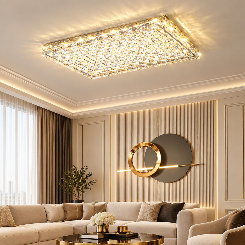 Luxury Modern Crystal Ceiling Light Chandelier - Flush Mount Ceiling Lamp Fixture for Living Room, Master Bedroom & Home Decor