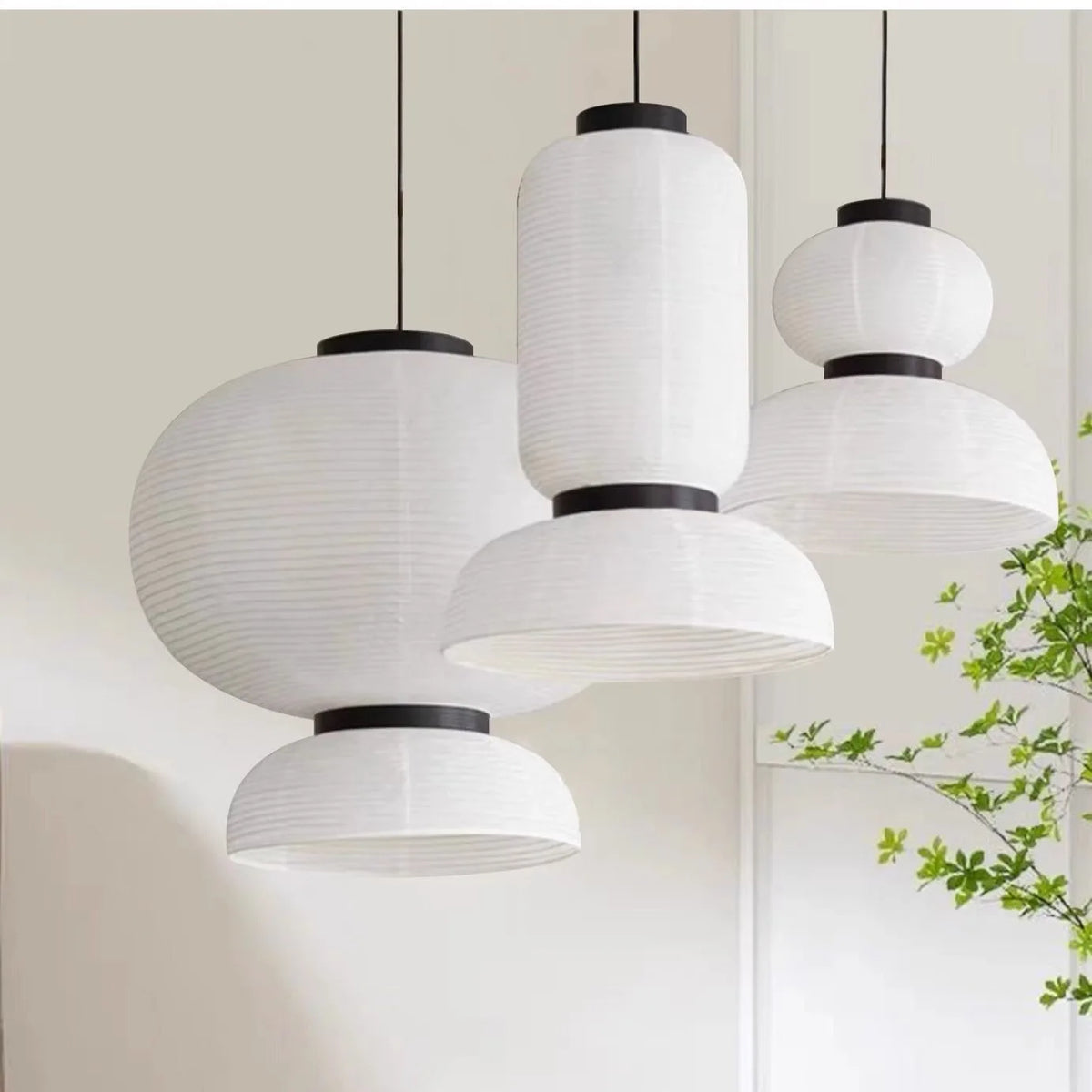 Japanese Wabi-Sabi Rice Paper LED Pendant Light - Organic White Paper Lantern Chandelier Fixture for Living Room Ceiling Decor