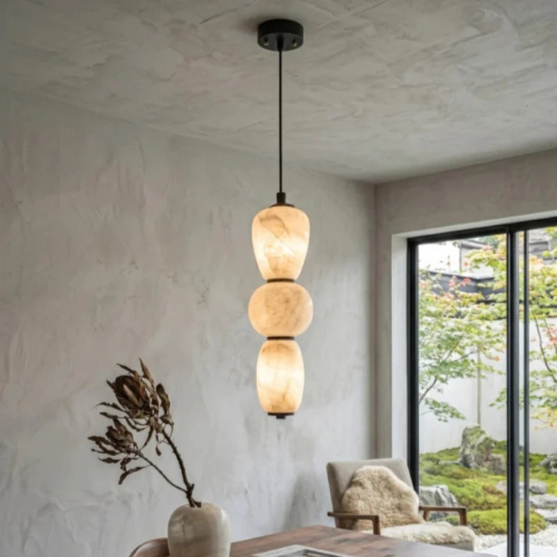 Designer Marble Alabaster Pendant Light - Natural Stone Ceiling Hanging Chandelier Fixture for Living Room, Dining Room & Home Decor