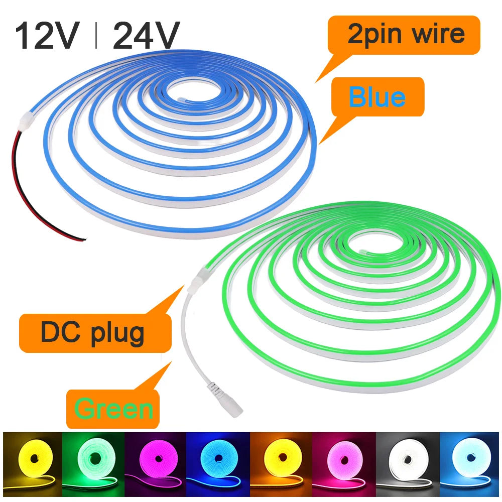 12V/24V Waterproof Flexible LED Neon Strip Light (6x12mm Silicone Rope) - DIY Neon Sign Light with DC Plug / 2-Pin Wire Option
