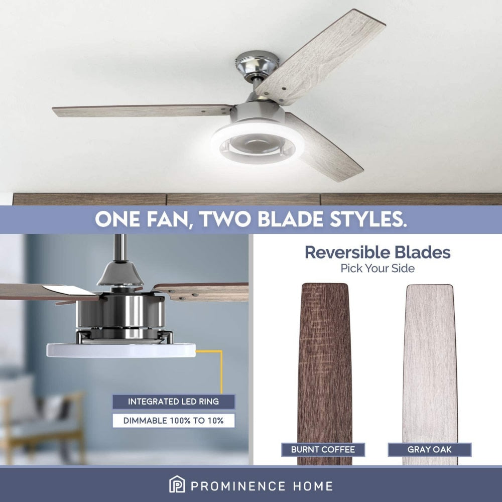 52" Orbis Gun Metal Remote Control Ceiling Fan, 3 Blades, LED Ring Ceiling Fans with Led Light Chandelier Fan Home Appliance