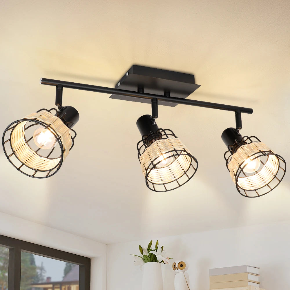 Vintage Track LED 2/3/4/6 Light Ceiling Spotlight Rustic Metal and Rattan Light Industrial Track Lamp for Foyer E12