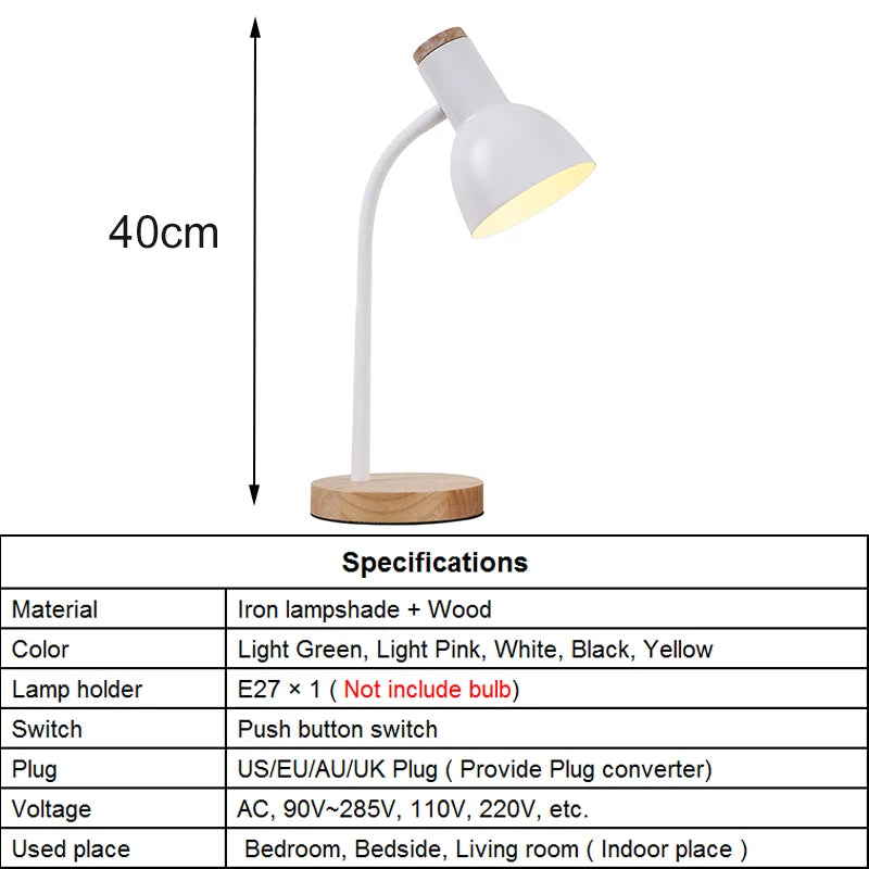 Adjustable Wood Iron Bedside Table Lamps for Bedroom E27 Led Desk Lamp Study Reading Office Dormitory Children Kids Book Light