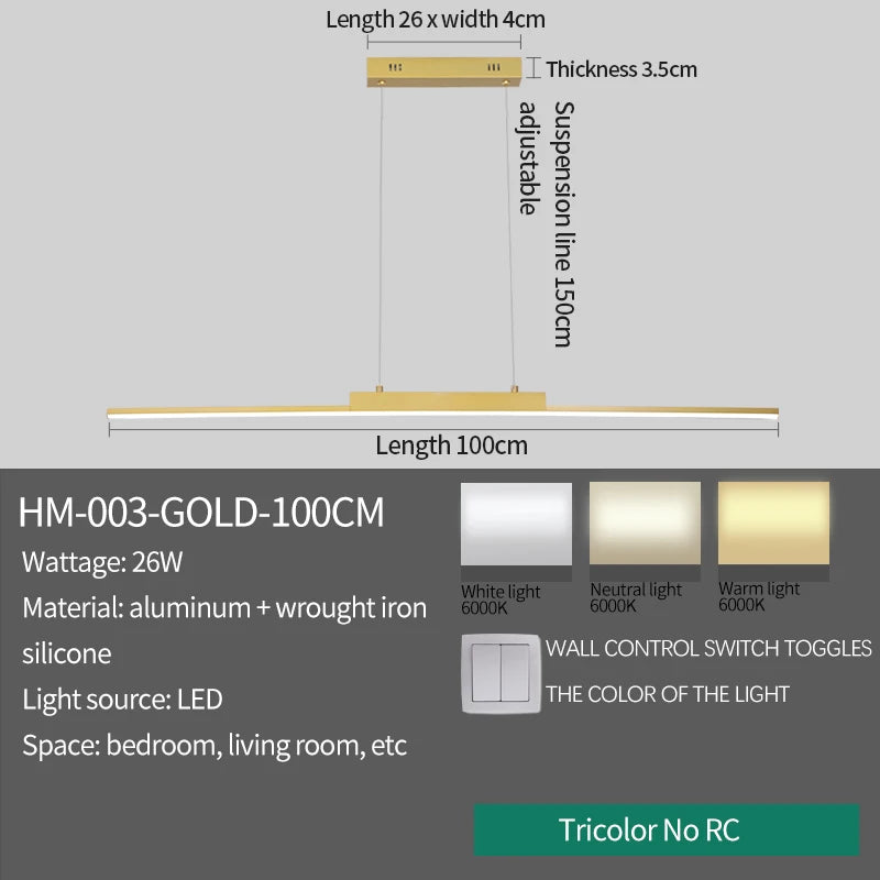 Modern Minimalist LED Pendant Light for Dining Room Adjustable Linear Chandelier in Gold Dimmable Hanging Lamp Fixture for Home