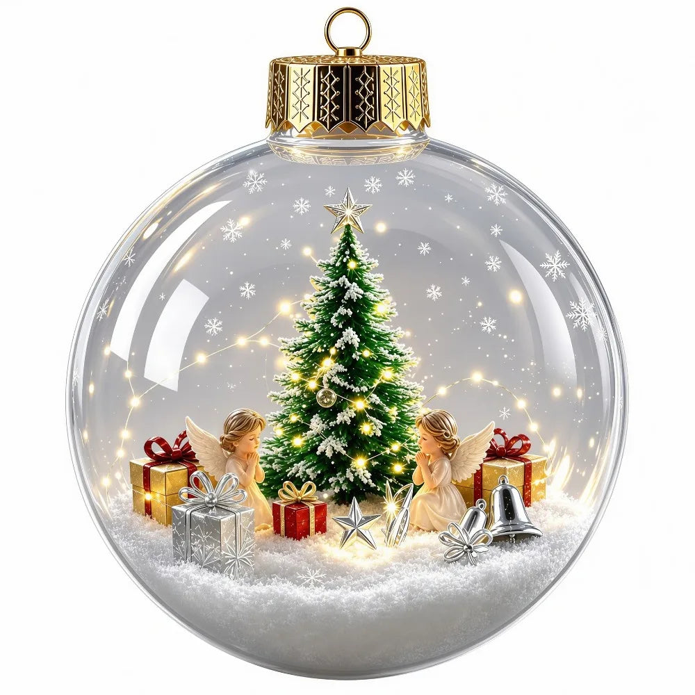 Clear Acrylic Lighted Christmas Ball Ornament Mini Interior Scene Warm LED Light-Up Tree Hanging Bauble Shock-Resistant Cartoon