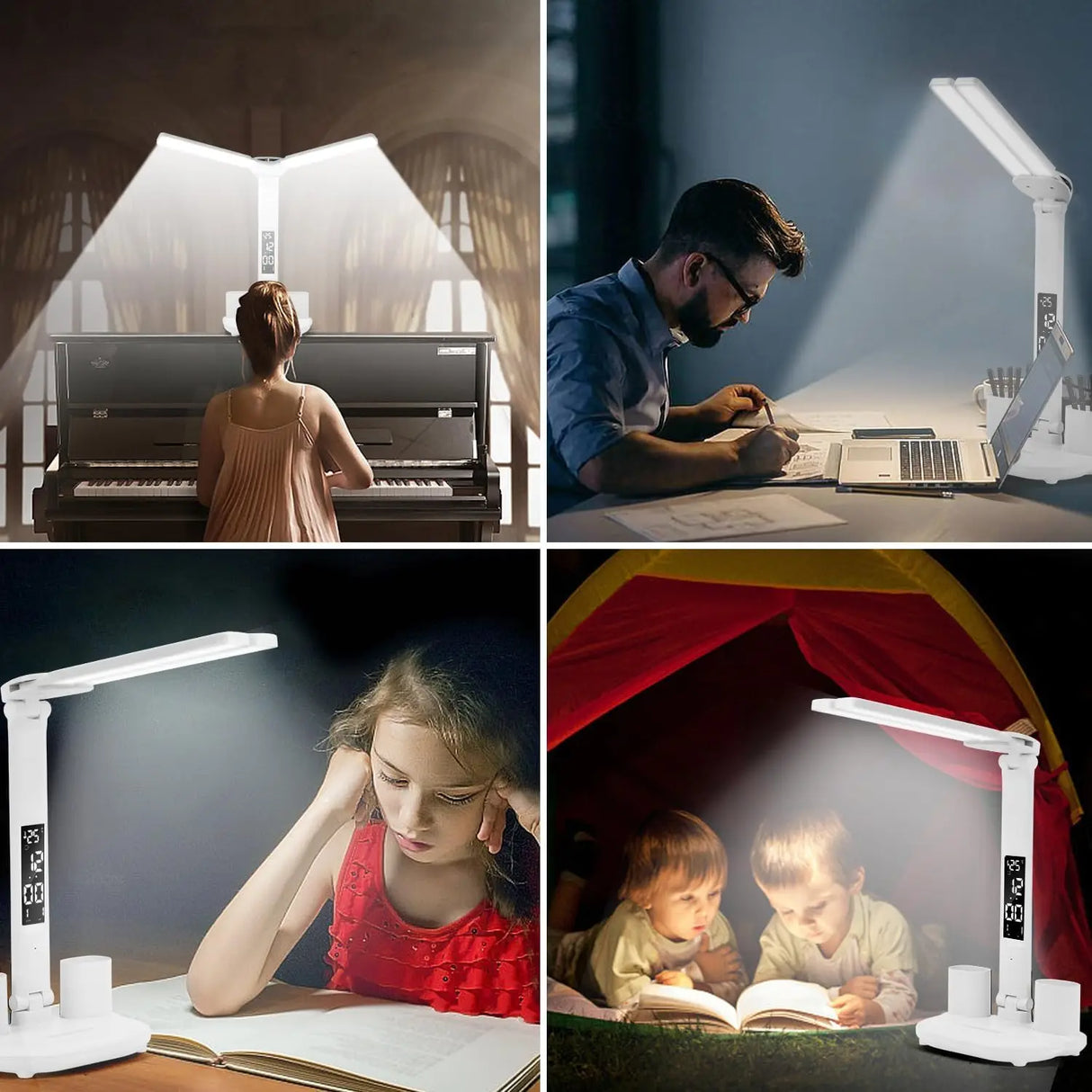 Multifunction 3 Color LED Table Lamp 2 Headed Folding With Fan Clock Desk Lamp USB Charging Bedside Reading Night Light