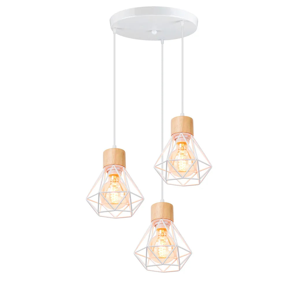 3-Heads Dining Table Chandelier Iron Wooden Lampshade Hanging Lamp for Kitchen Island Bedroom Modern Suspension Pendant Lighting