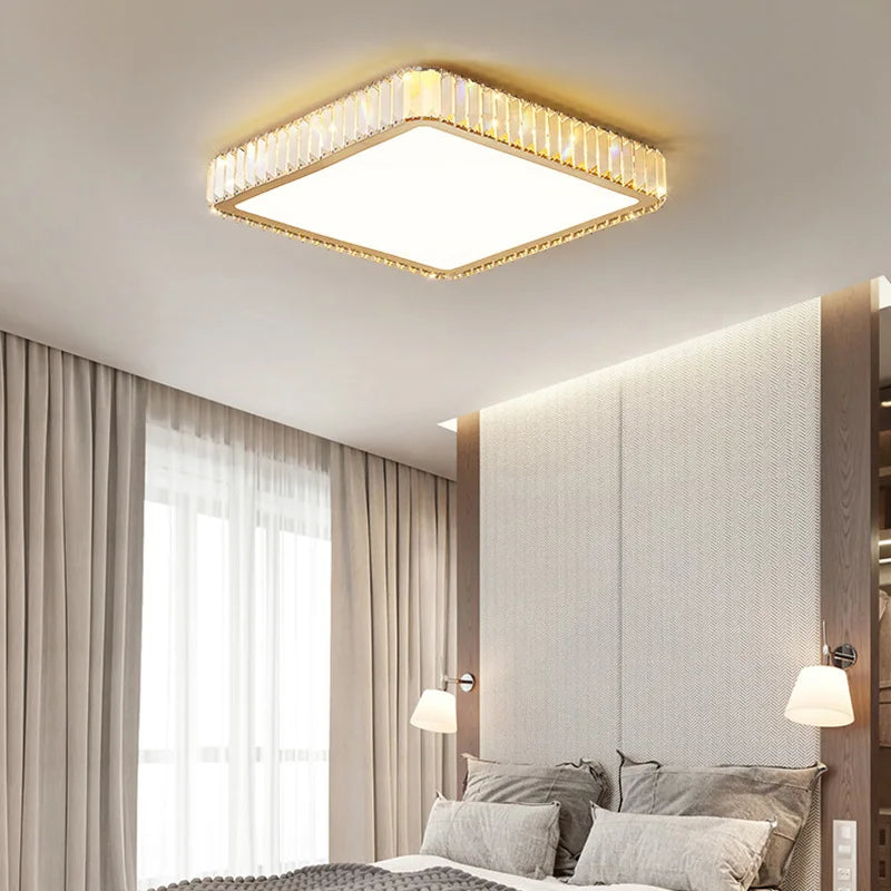 Modern Geometric Crystal Ceiling Light - Round & Square LED Lamp for Bedroom