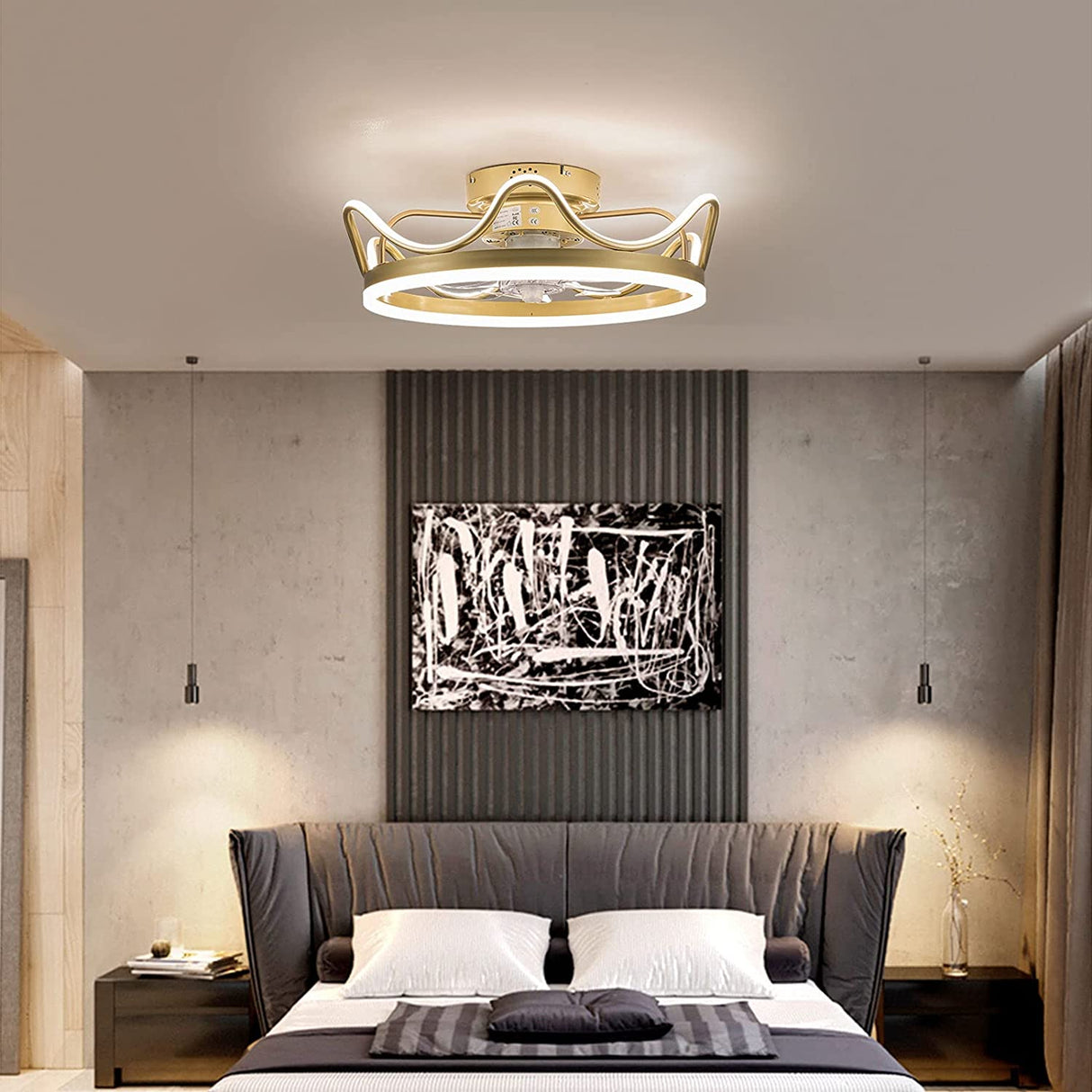 Modern Black/Gold 22 Inch Crown Shape LED Ceiling Fan Light with Remote Control for Bedroom Living Room