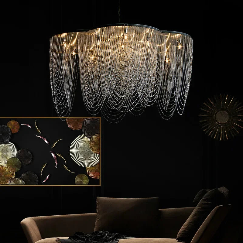 American Black Steel LED G9 Pendant Lights Living Room Silver Tassel Lamp Lustre Led Light Villa Foyer Lighting Fixtures