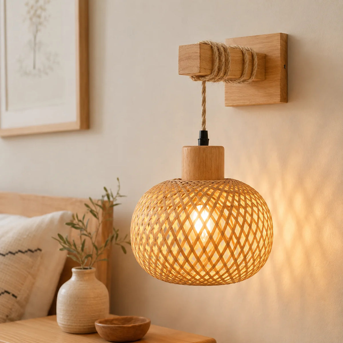 Bamboo Wall Lamp Sconce (1-Pack / 2-Pack) - Japanese Style Hand-Woven Wicker Light Fixture for Restaurant, Dining & Living Room