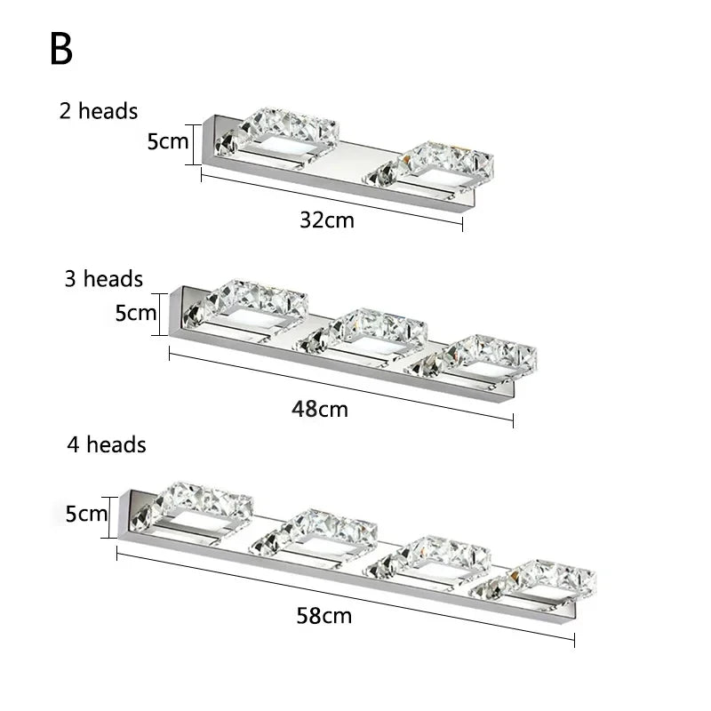 Square LED Mirror Light Bathroom Cosmetic room Round Crystal Wall Lamps 2-4head Stainless Steel indoor Lighting fixture