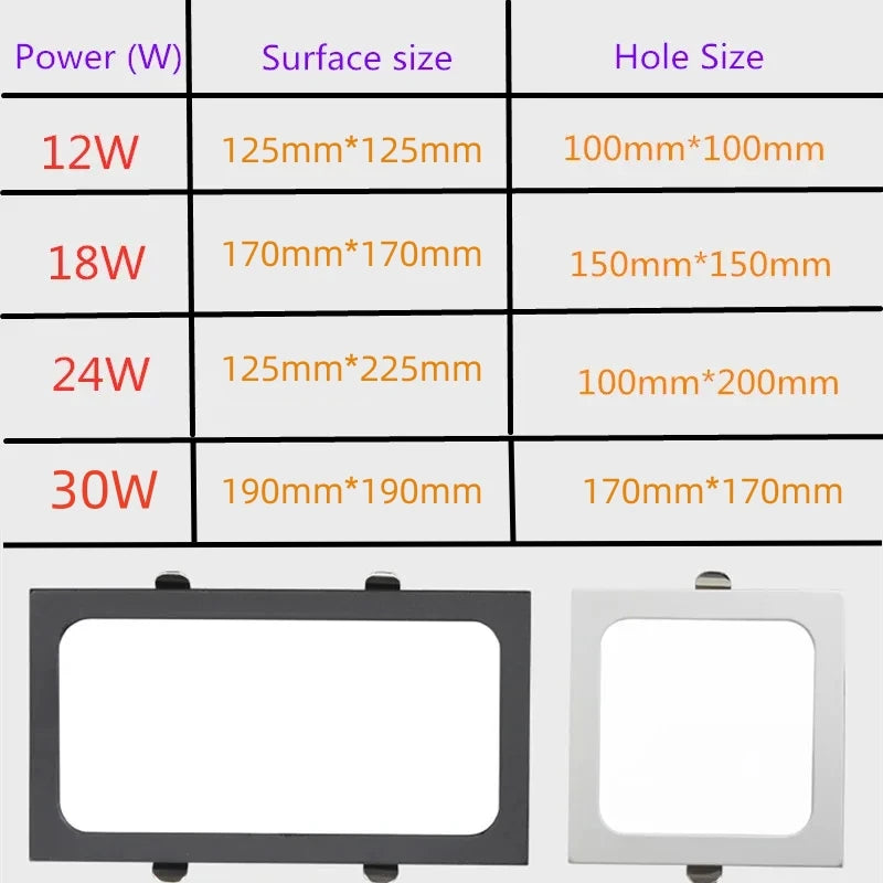 LED panel embedded LED downlight 12W 18W 24w square LED spotlight LED ceiling light AC185V 220V