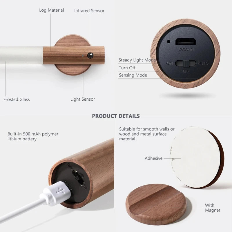 LED Wood Night Light PIR Motion Sensor Magnetic Wall Lamp USB Rechargeable Lights Home Staircase Bedroom Lamps Bedside Lighting
