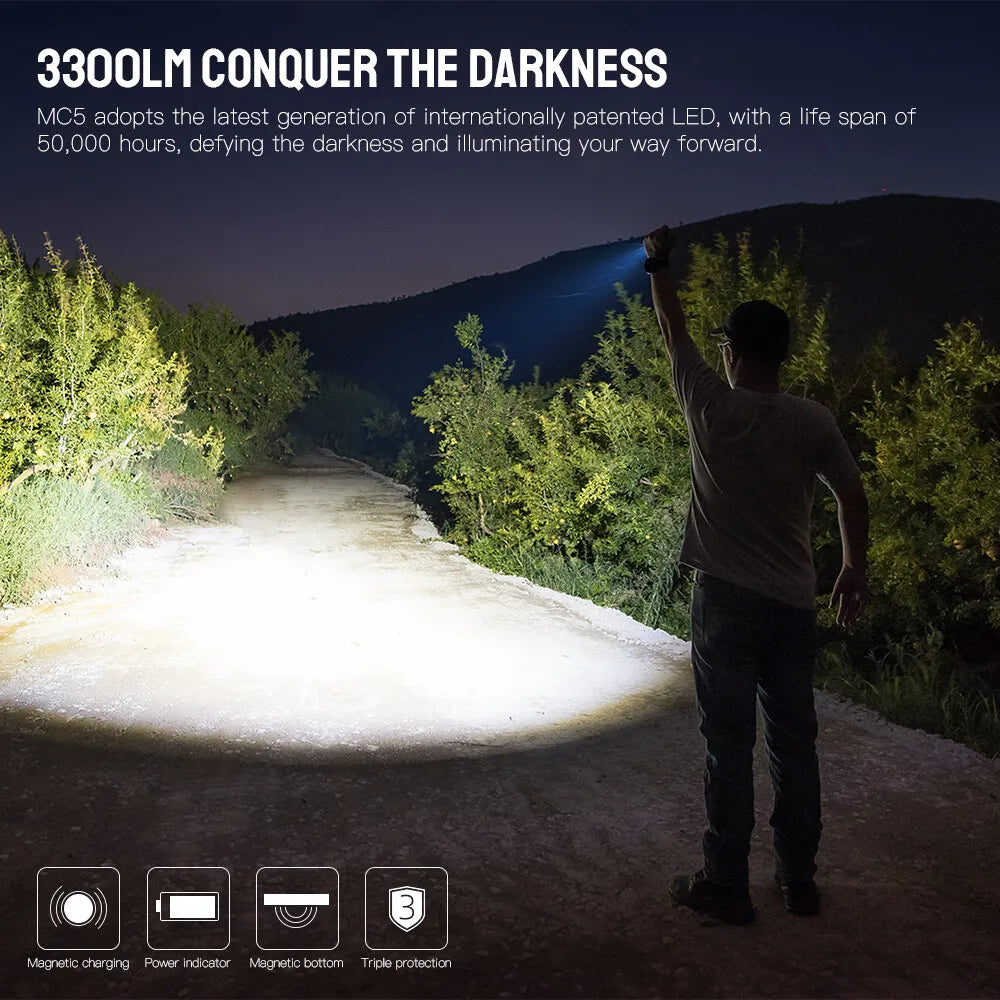 MC5 3300-Lumen EDC Flashlight - Magnetic Rechargeable IP68 Waterproof LED Torch